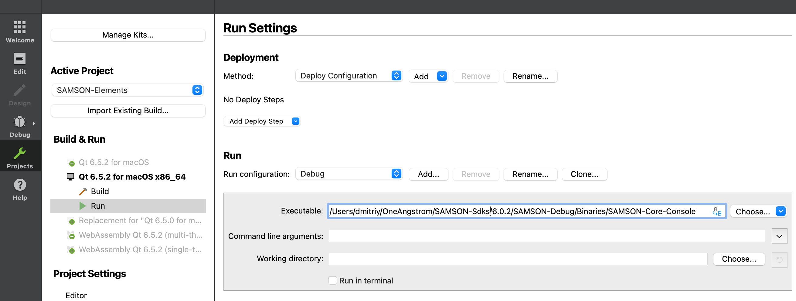 Run configuration: set the SAMSON executable