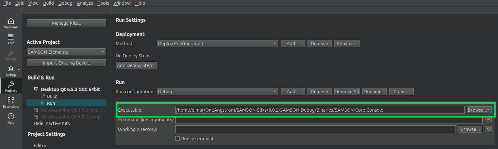 Run configuration: set the SAMSON executable