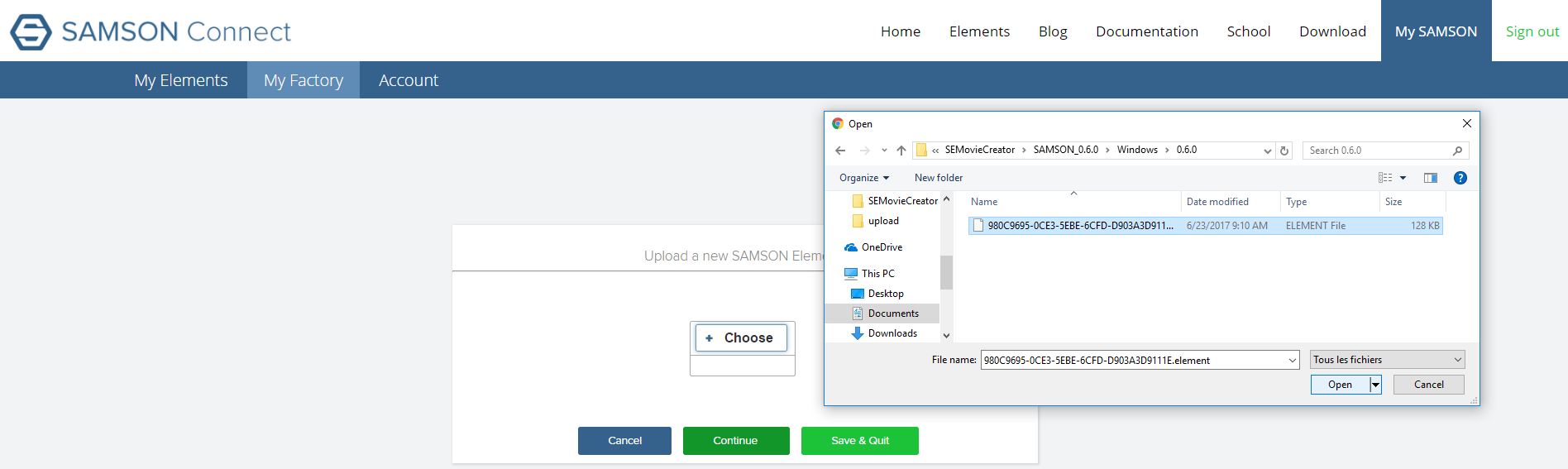 Upload the developed extension to SAMSON Connect - choose the .element file