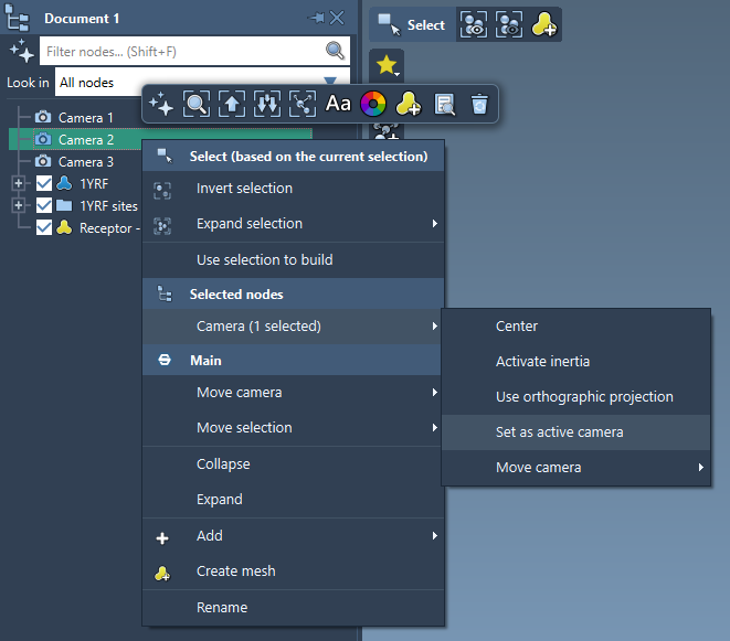 Context menu for a camera