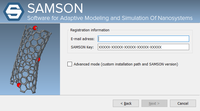 Enter your email address and the SAMSON key you received at that address