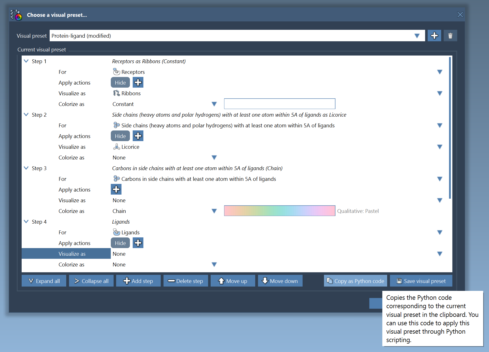 Copy Python code for a visual preset