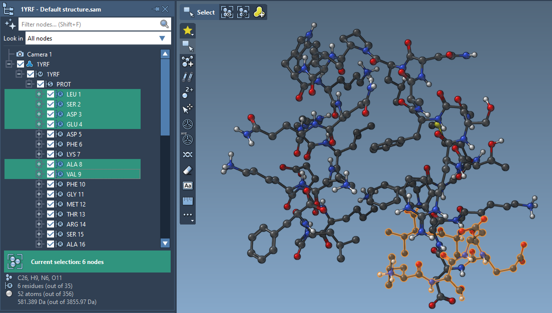 Selecting residues in the Document view