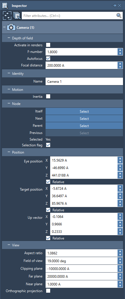 Inspector view of a camera