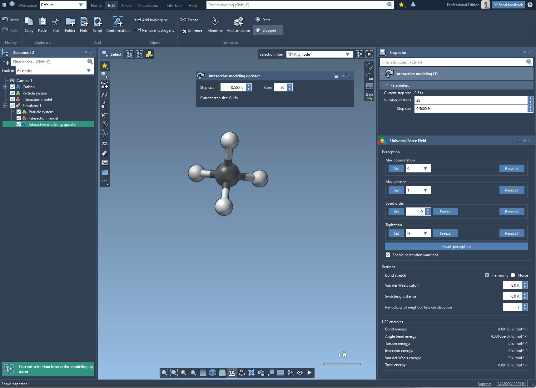 Properties of the UFF interaction model and the Interactive modeling state updater