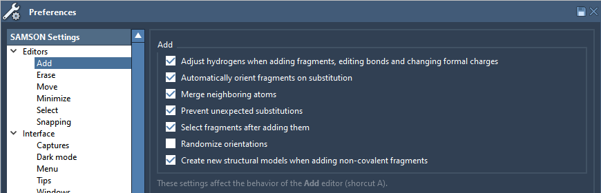 Preferences of the Add editor 