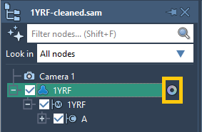 The material icon in the Document view indicates which node has a material