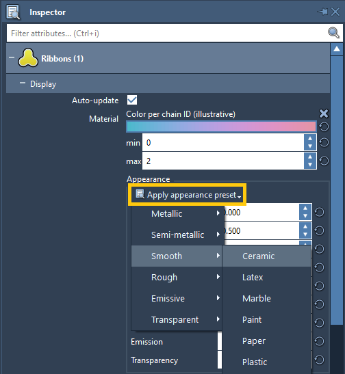 Apply an appearance preset to a material in the Inspector
