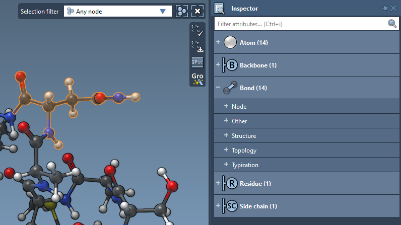 Inspecting a group of nodes: a residue with all its descendants selected