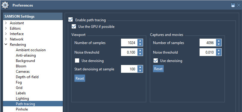 The path tracing settings