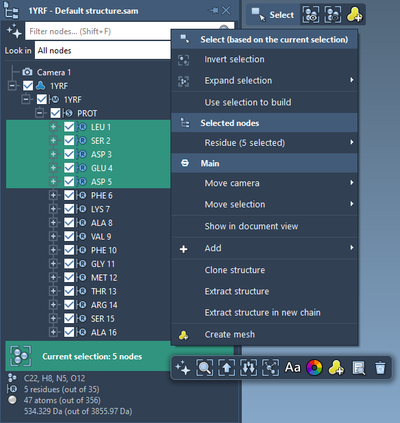 Current selection context menu